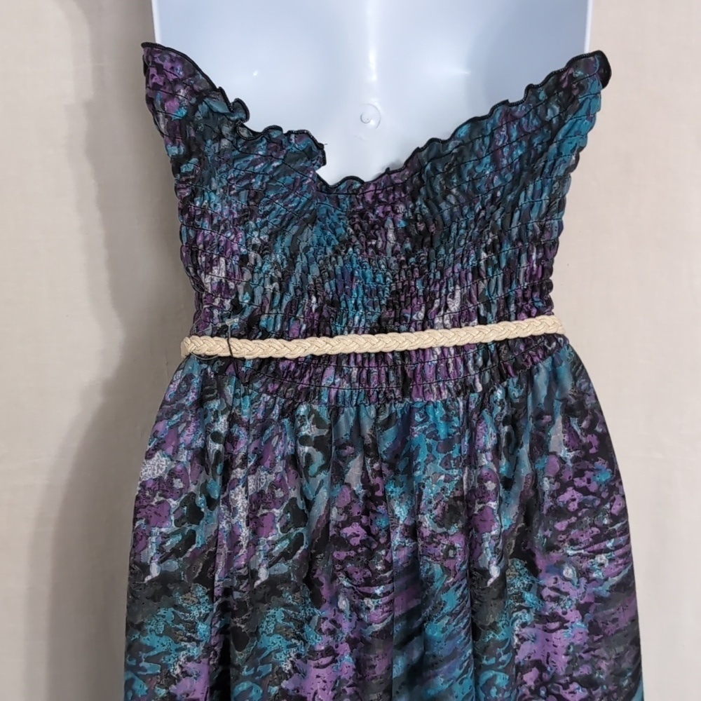 y2k No Boundaries Blue Purple Smocked Strapless Dress with Cord Waist Tie Size M - Picture 4 of 6